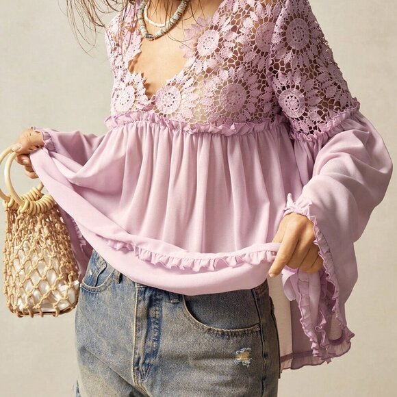 Pink Casual Women's Bohemian Style V-Neck Loose Long Sleeve Blouse - Picture 7 of 7